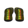 LIFE IS IRIE rubber sole flip-flop lined with a silky red, gold, and green soft fabric for comfort. 