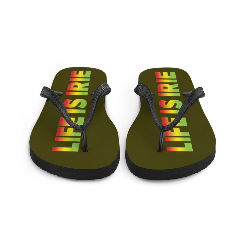 LIFE IS IRIE rubber sole flip-flop lined with a silky red, gold, and green soft fabric for comfort. 