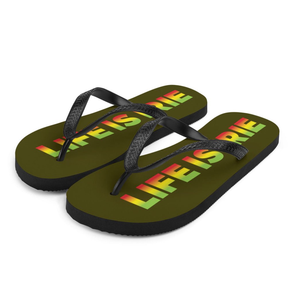 LIFE IS IRIE rubber sole flip-flop lined with a silky red, gold, and green soft fabric for comfort. 