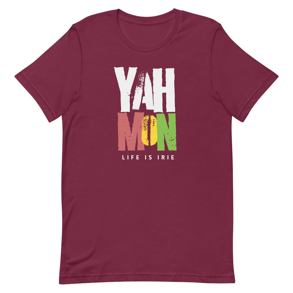 Maroon- T-shirt featuring "yah mon life is irie"  