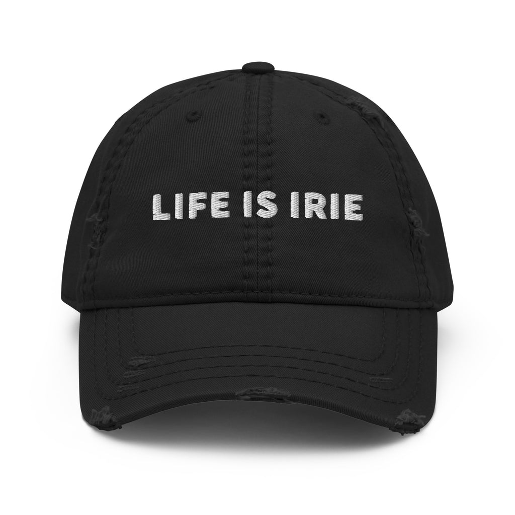 Cotton cap with distressed accents for an edgy look, featuring front embroidered "life is irie" text. 