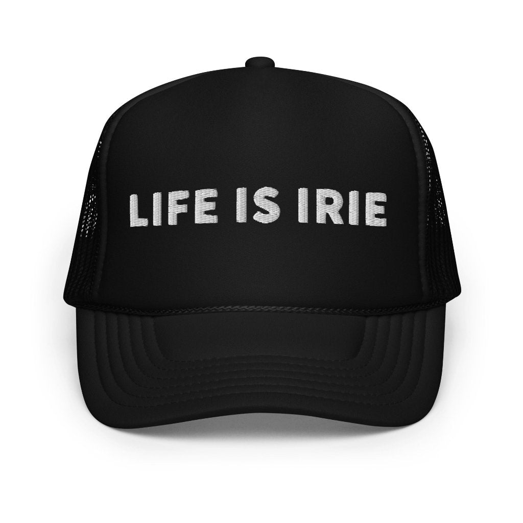 foam Trucker cap featuring front 3D embroidered "life is irie" text. Mesh back with adjustable closure. One size fits most