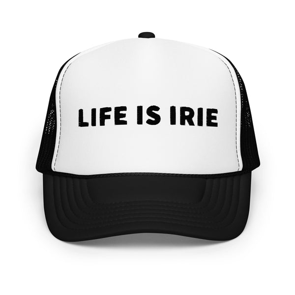 Trucker cap featuring front 3D embroidered "life is irie" text. Mesh back with adjustable closure.