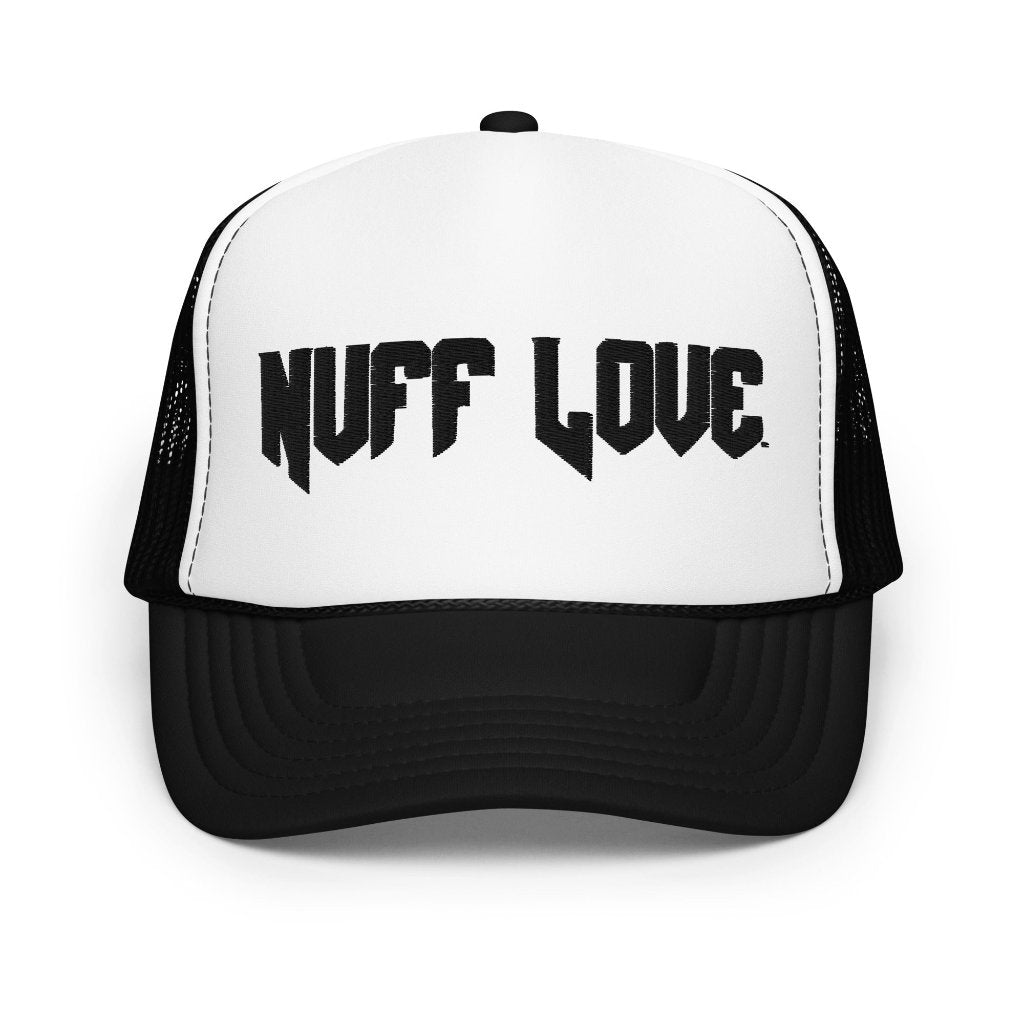 Black and White Trucker cap featuring front 3D embroidered "nuff love" word text.