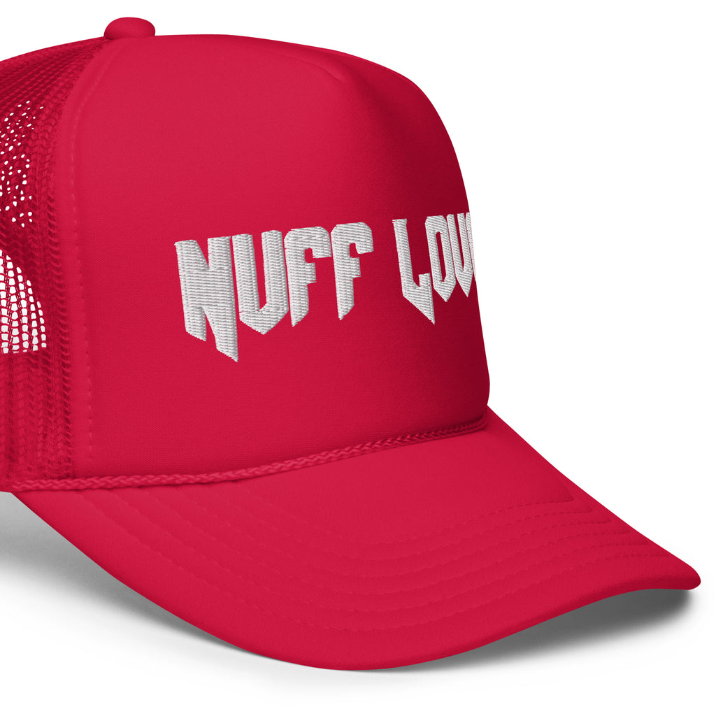 Red trucker cap featuring front 3D embroidered "nuff love" word text in white. Mesh back with adjustable snap closure. One size fits most.