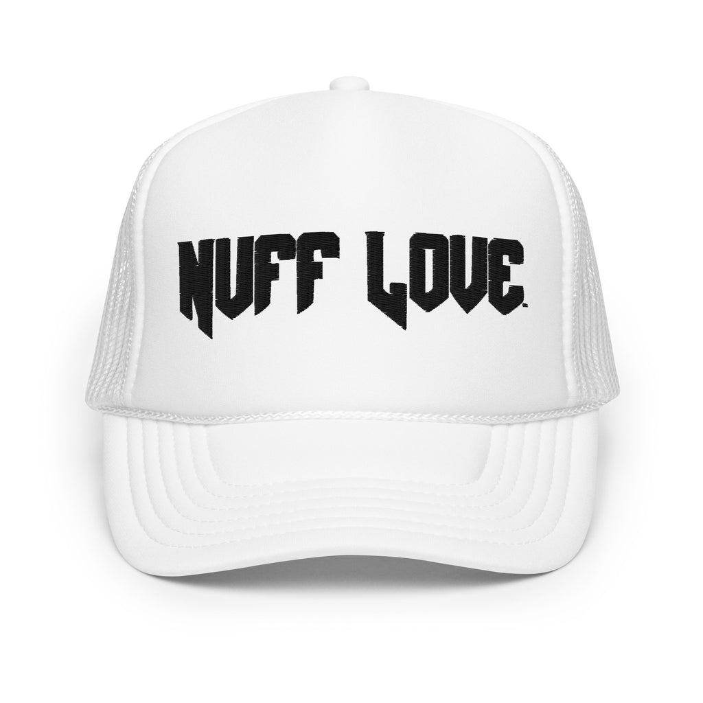  White Trucker cap featuring front 3D embroidered "nuff love" word text in black.