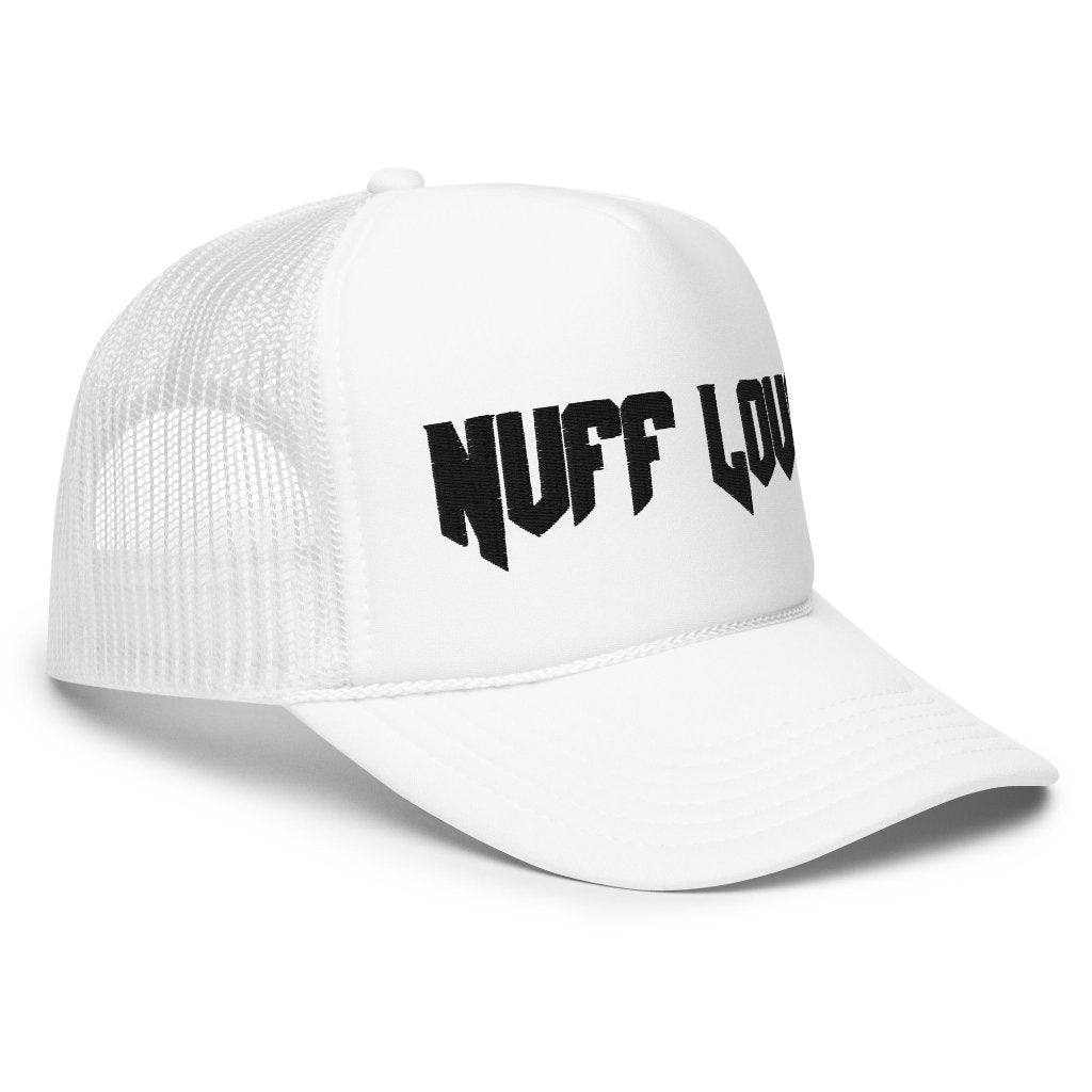 White Trucker cap featuring front 3D embroidered "nuff love" word text in black