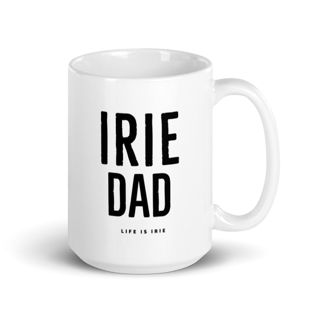 white glossy coffee and tea mug featuring "irie DAD" text in black