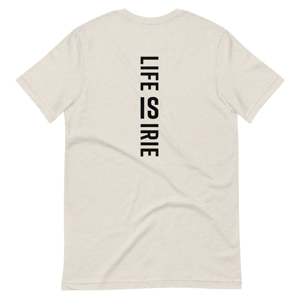 T-shirt with heart symbol and back "life is irie" text