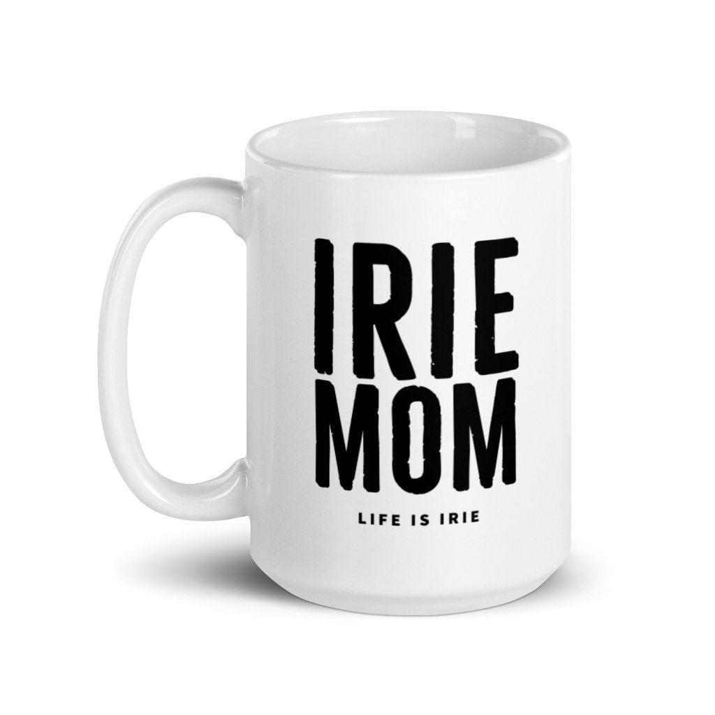 White ceramic coffee and tea mug featuring "irie mom" text in black. Dishwasher and microwave safe ceramic.15 0z