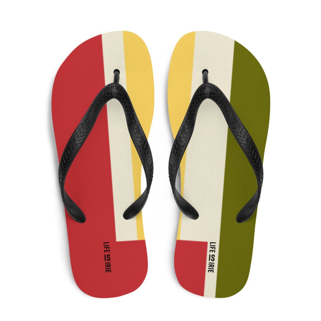 LIFE IS IRIE flip-flop. Rubber sole. 100% polyester fabric lining for comfort.  Red Gold and Green