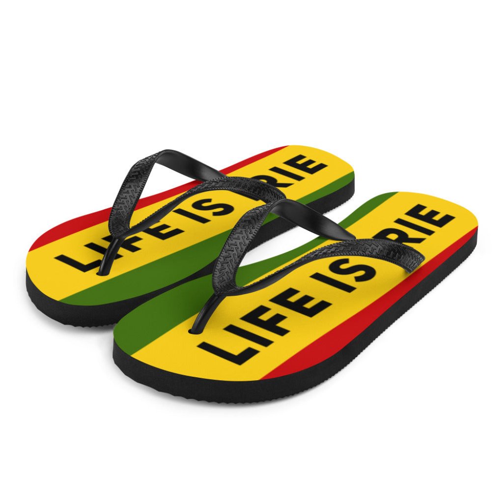 LIFE IS IRIE rubber sole flip-flop lined with a silky red, gold, and green soft fabric for comfort. 