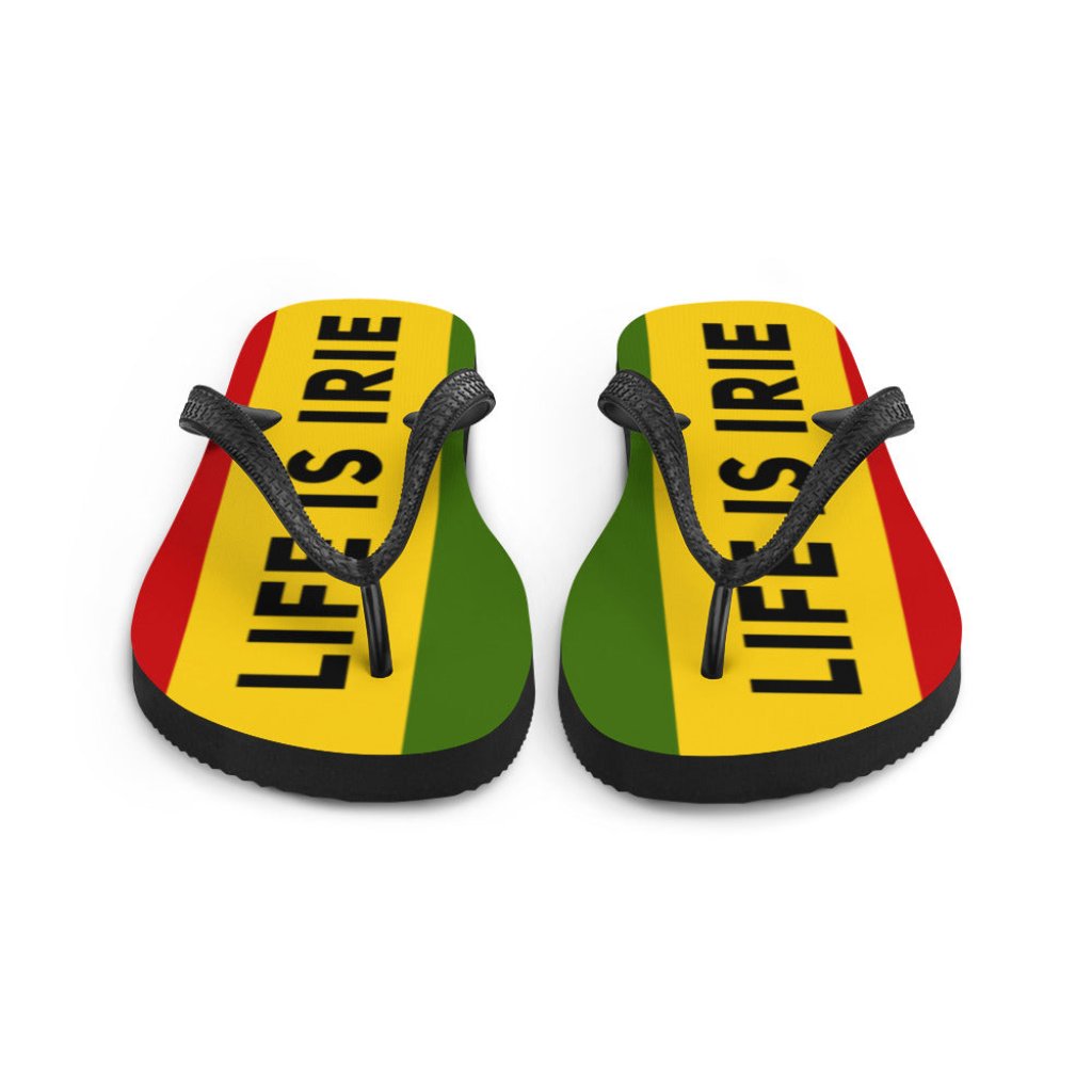 LIFE IS IRIE rubber sole flip-flop lined with a silky red, gold, and green soft fabric for comfort. 