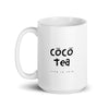 white glossy ceramic cup featuring 'coco tea" text  15 0z