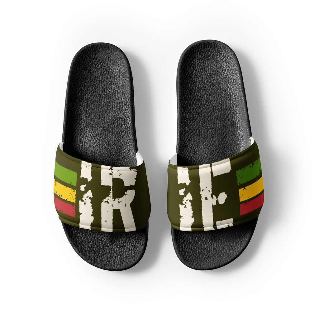 Men's slides with olive cushioned upper strap featuring "irie" text with Reggae stripes.