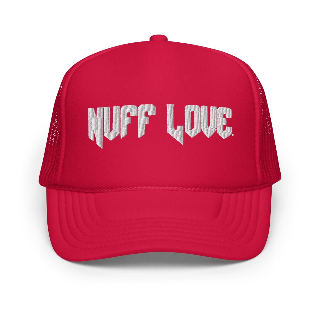 Red trucker cap featuring front 3D embroidered "nuff love" word text in white. Mesh back with adjustable snap closure. One size fits most.