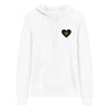 White Unisex pullover hoodie featuring front heart with 'life is irie logo' in red, gold, green icon. 