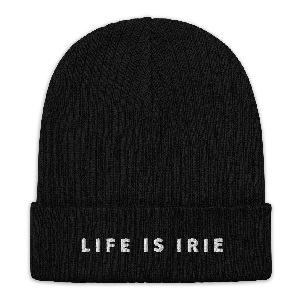 Ribbed knit beanie in Black featuring embroidered "life is irie" text.  Gender neutral