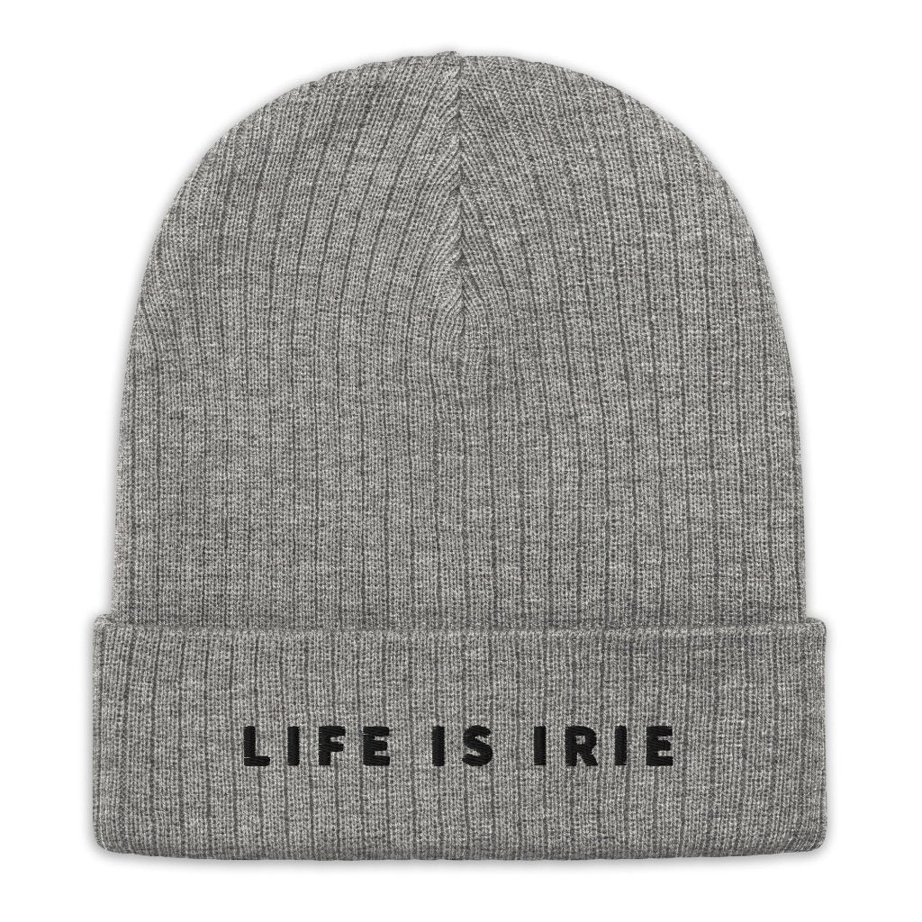 Light grey Ribbed knit beanie featuring an embroidered "life is irie" text.