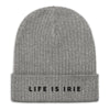 Light grey Ribbed knit beanie featuring an embroidered "life is irie" text.