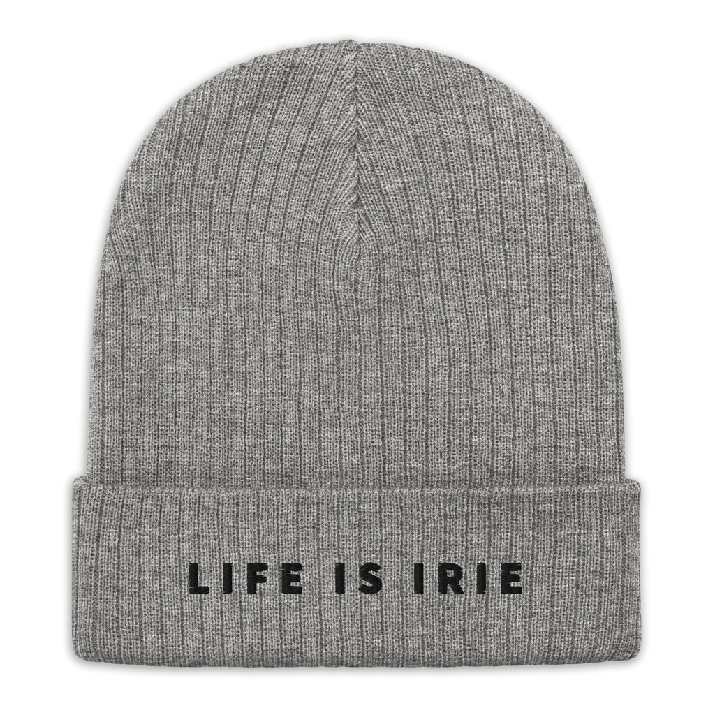 Light grey Ribbed knit beanie featuring an embroidered "life is irie" text.