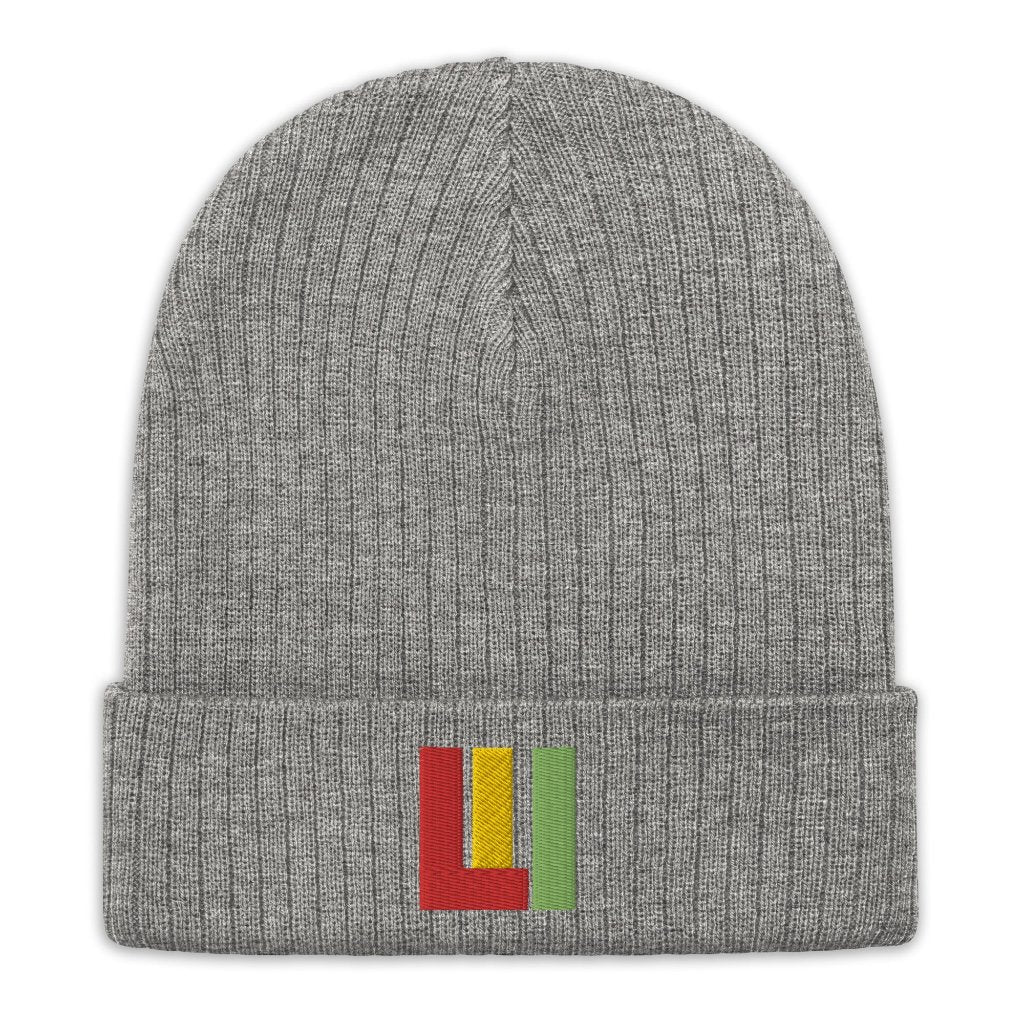 Light grey ribbed knit beanie featuring an embroidered life is irie logo in red, gold, green