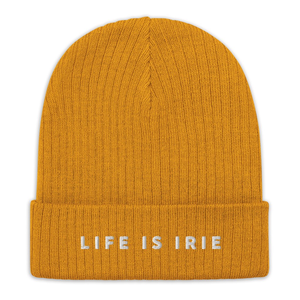 Ribbed knit beanie in Mustard featuring embroidered "life is irie" text.  Gender neutral