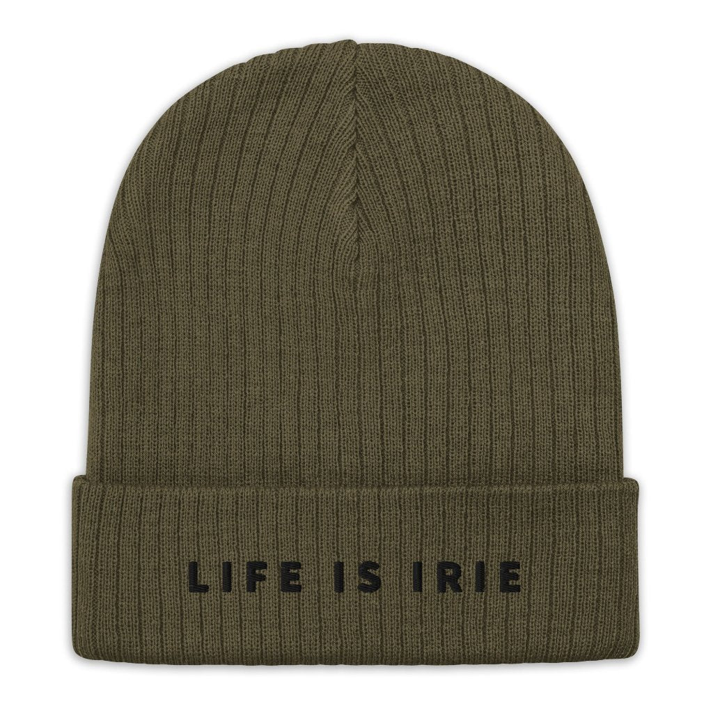 Sage Ribbed knit beanie featuring an embroidered "life is irie" text.