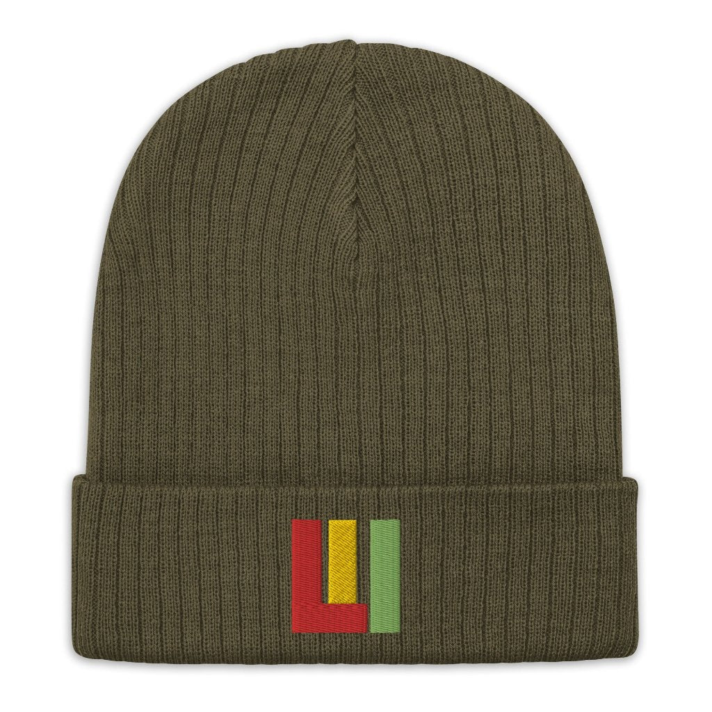 Olive ribbed knit beanie featuring an embroidered life is irie logo in red, gold, green