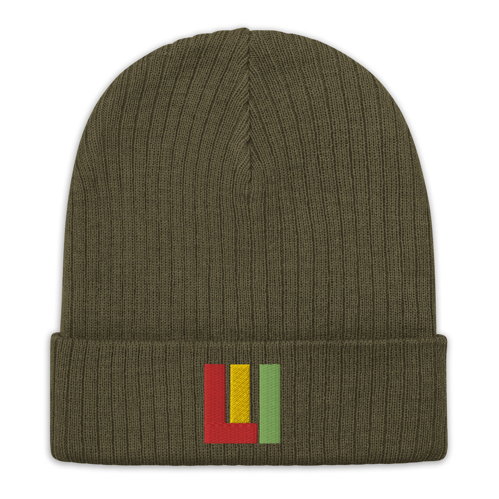 Olive ribbed knit beanie featuring an embroidered life is irie logo in red, gold, green