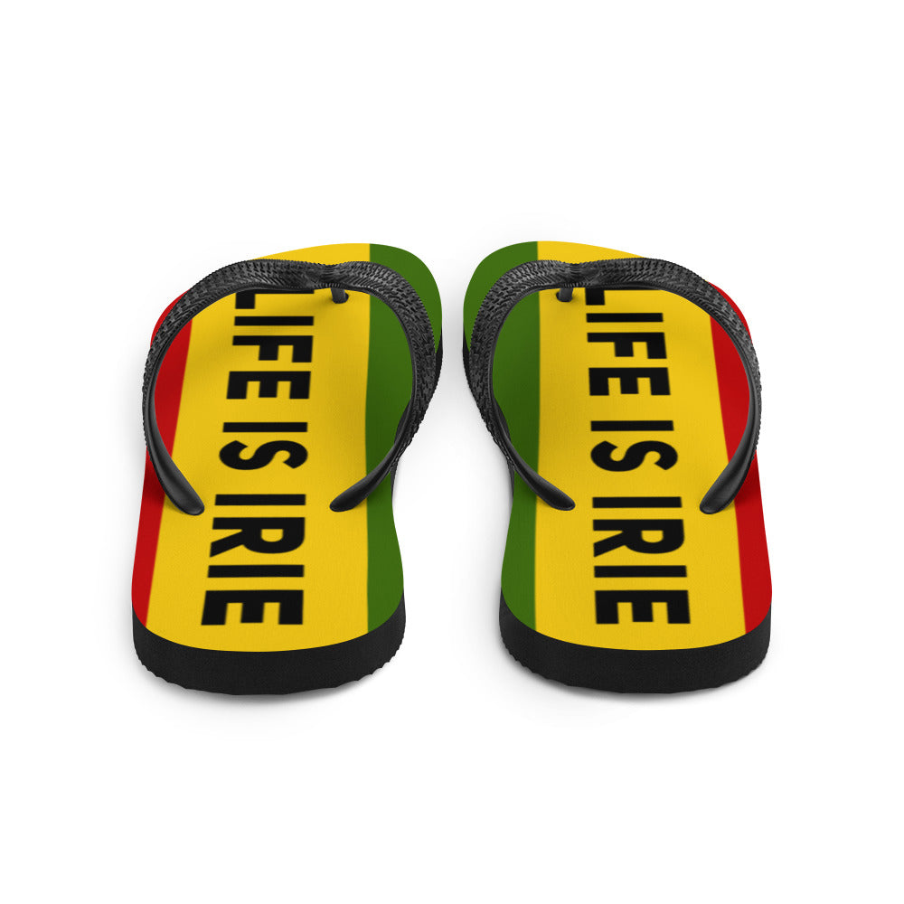 LIFE IS IRIE rubber sole flip-flop lined with a silky red, gold, and green soft fabric for comfort. 