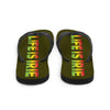 LIFE IS IRIE rubber sole flip-flop lined with a silky red, gold, and green soft fabric for comfort. 