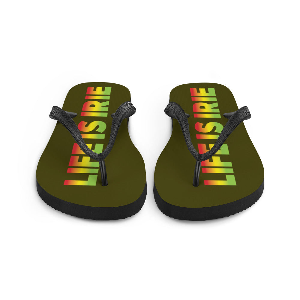 LIFE IS IRIE rubber sole flip-flop lined with a silky red, gold, and green soft fabric for comfort. 