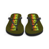 LIFE IS IRIE rubber sole flip-flop lined with a silky red, gold, and green soft fabric for comfort. 