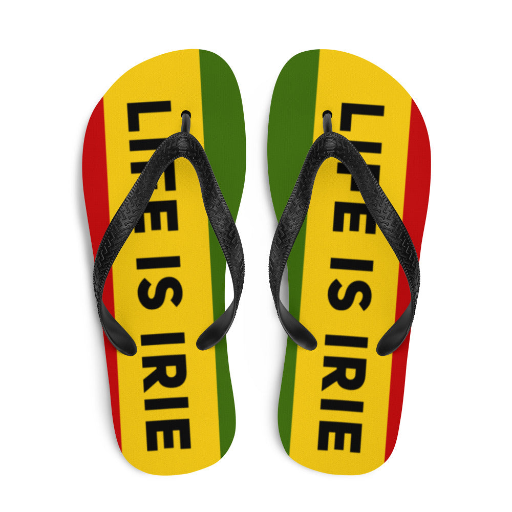 LIFE IS IRIE rubber sole flip-flop lined with a silky red, gold, and green soft fabric for comfort. 