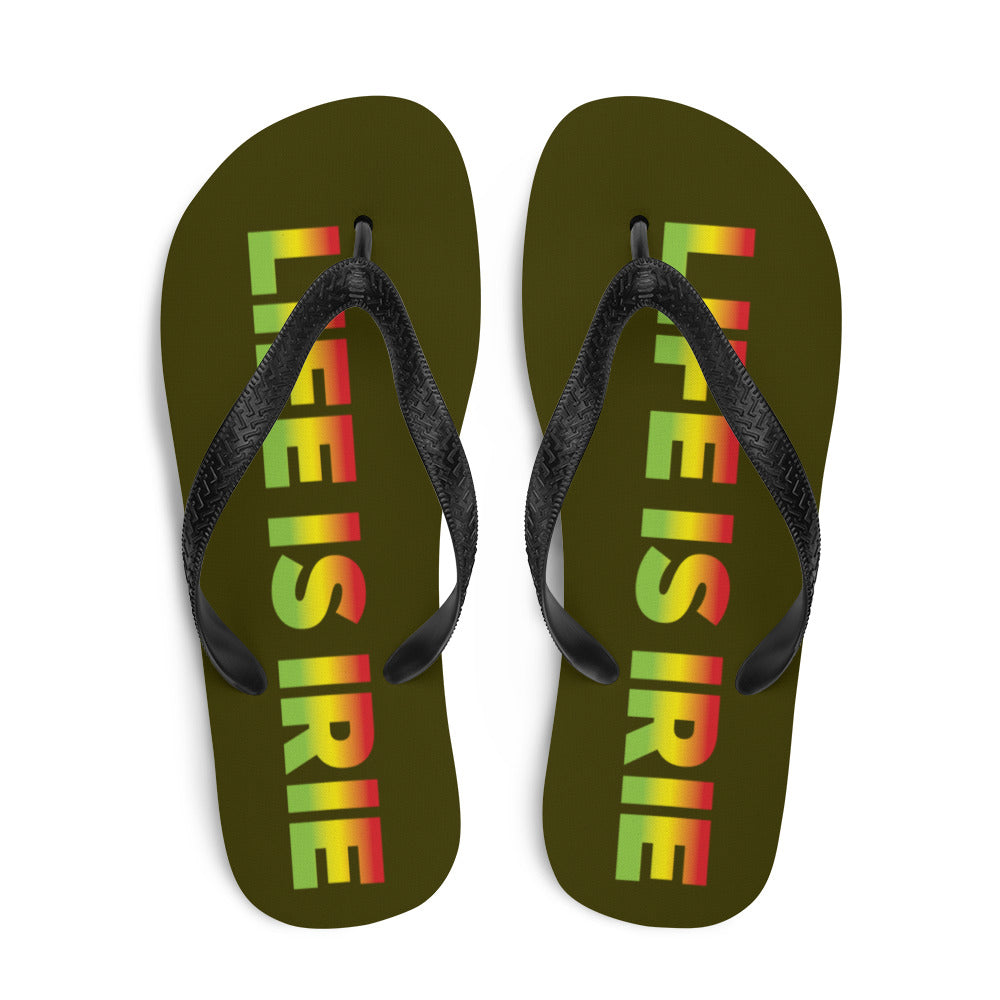 LIFE IS IRIE rubber sole flip-flop lined with a silky red, gold, and green soft fabric for comfort. 