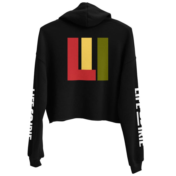 Gender Neutral Crop pullover hoodie featuring the 'life is irie' icon in red, gold, green on the back. On both sleeves "life is irie" text. Matching flat drawstrings.