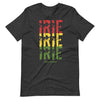 Dark grey  knit t-shirt featuring front "irie irie iriGender neutral knit t-shirt featuring front "IRIE IRIE IRIE" text graphic with Reggae colors of red, gold, green