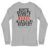 Athletic grey knit long-sleeve t-shirt featuring on back "Roots, Rockers, Reggae, Rebel, Rastafari, Respect" text graphic.