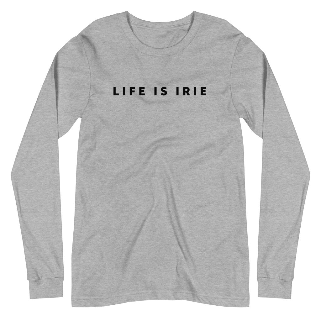 Athletic grey knit long sleeve tee featuring front "LIFE IS IRIE" text graphic in black.