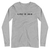 Athletic grey knit long sleeve tee featuring front "LIFE IS IRIE" text graphic in black.