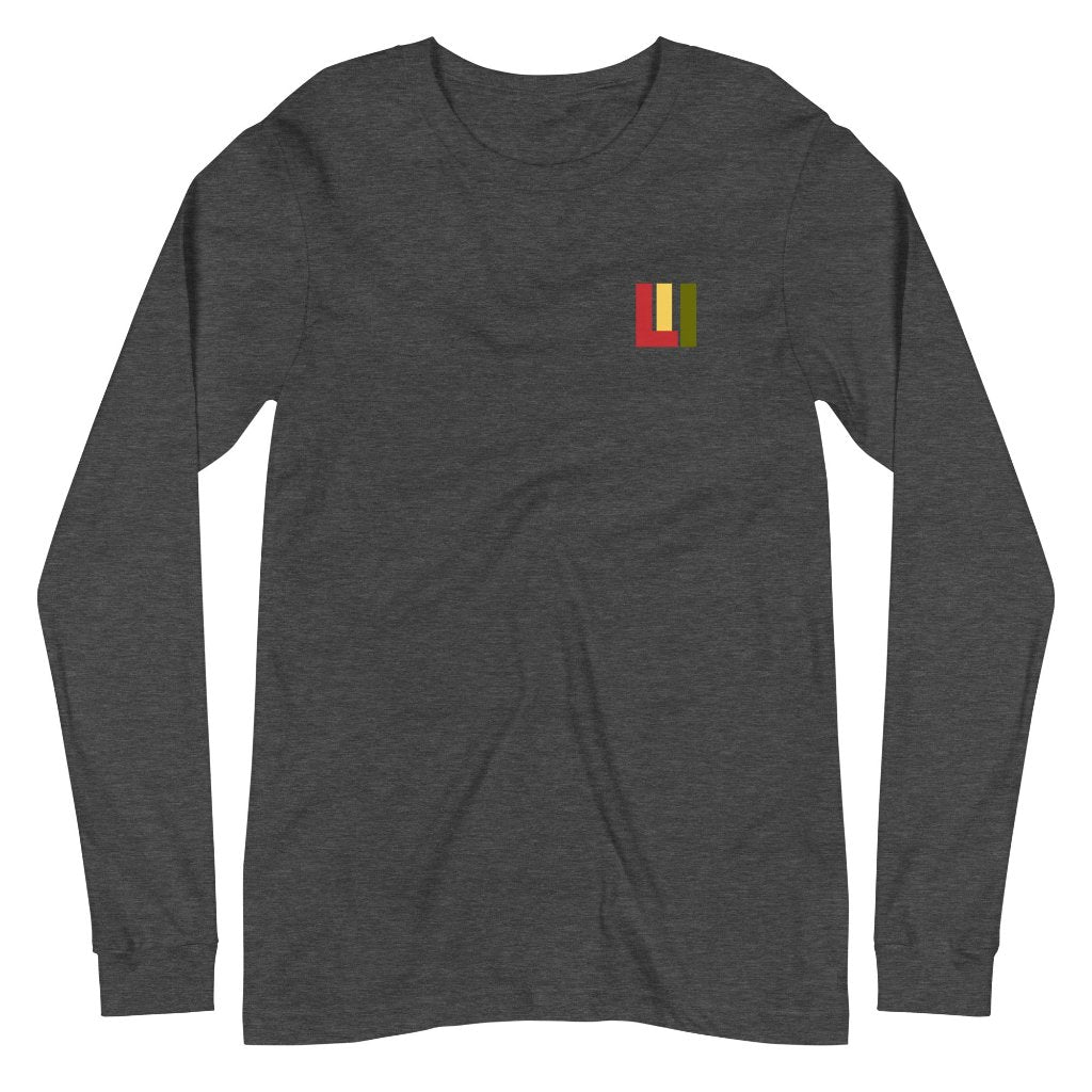 Gender neutral long sleeve t-shirt in dark heather grey featuring front and back "life is irie" in Reggae colors of red, gold, green.     