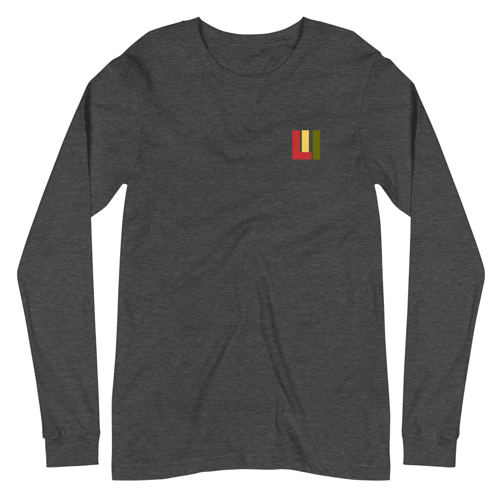 Gender neutral long sleeve t-shirt in dark heather grey featuring front and back "life is irie" in Reggae colors of red, gold, green.     