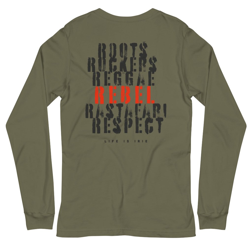 Military green knit long-sleeve t-shirt featuring on back "Roots, Rockers, Reggae, Rebel, Rastafari, Respect" text graphic.