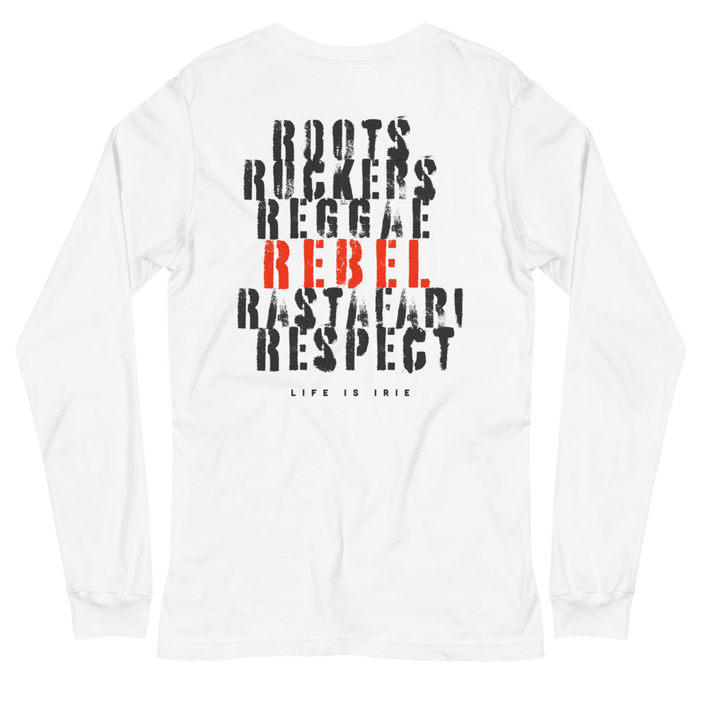 White knit long-sleeve t-shirt featuring on back "Roots, Rockers, Reggae, Rebel, Rastafari, Respect" text graphic.