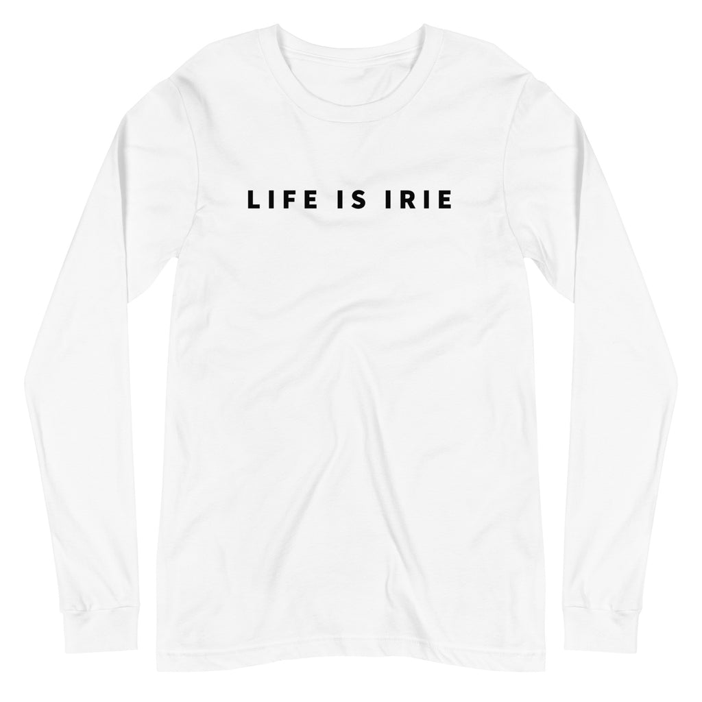 White knit long sleeve tee featuring front "LIFE IS IRIE" text graphic in black.