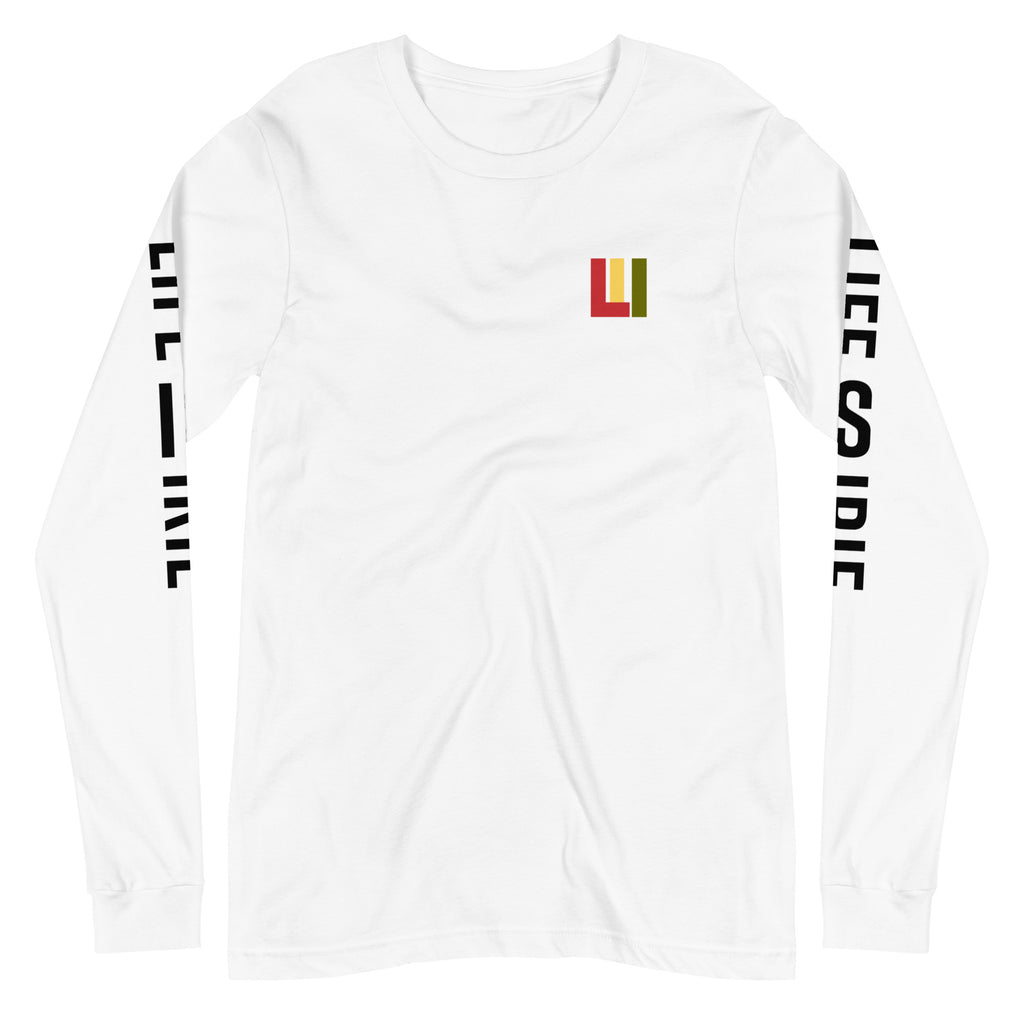 Knit long sleeve t-shirt featuring front 'life is irie' icon.  Sleeves featuring "life is irie" text graphic.