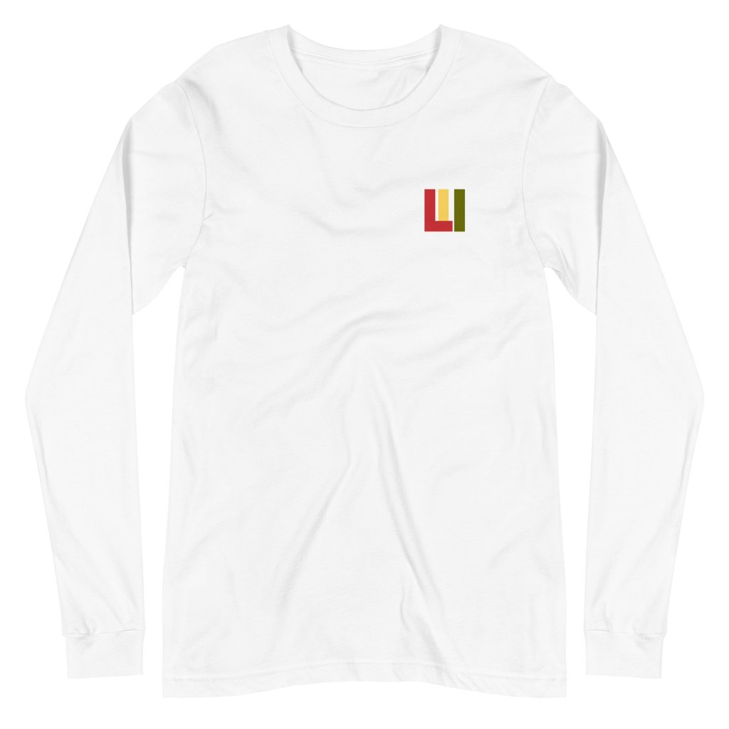 White Knit long sleeve tee featuring front and back "life is irie" icon logo in Reggae colors of red, gold, green. 