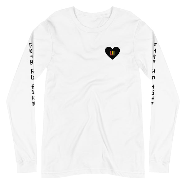 Gender neutral long sleeve t-shirt in white featuring front black heart symbol with 'LIFE IS IRIE' icon in red, gold, green. Sleeves featuring "LIFE IS IRIE" text.