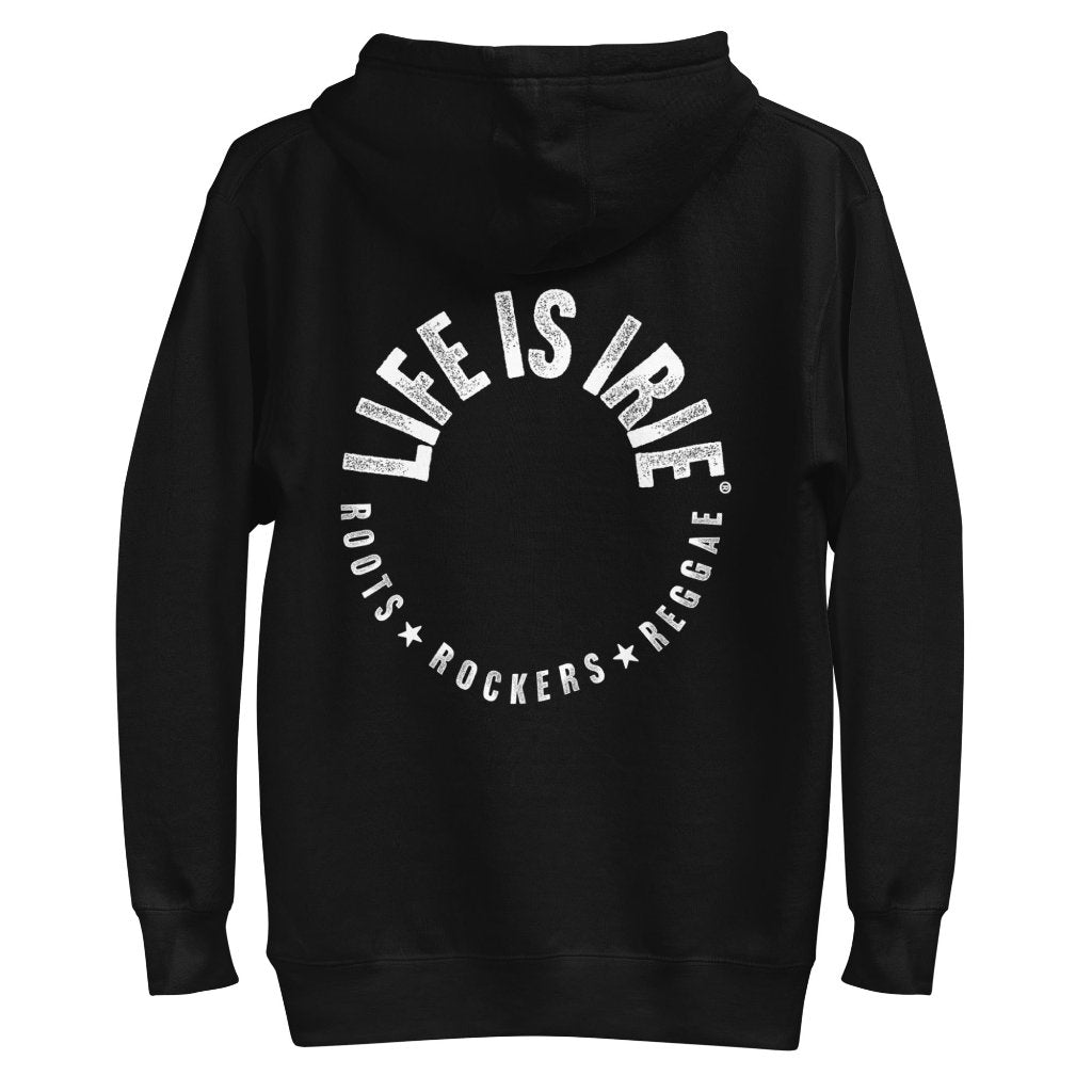 Gender neutral pullover hoodie in Black featuring front and back "life is irie roots rockers reggae" text.